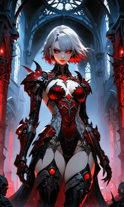 a portrait of mecha female vampire in a dark gothic cyberpunk church, an exotic exquisite beautiful mecha female vampire, dynamic hair color, short hair, dynamic eyes color, intense eyes,  glowing eyes, dynamic eyes color, wearing intricate mech armor, del...