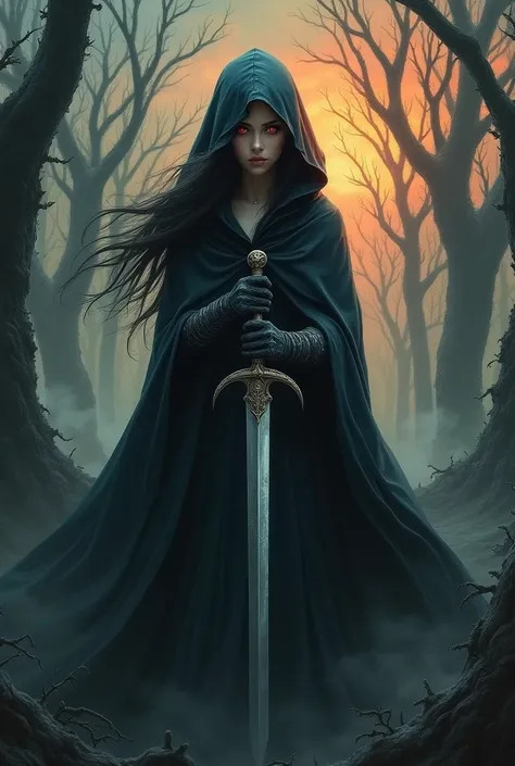  A young woman with pale skin, dark hair and red eyes wearing a black hooded cloak and holding a sword in a dark, gloomy forest setting with bare trees and a fiery sky