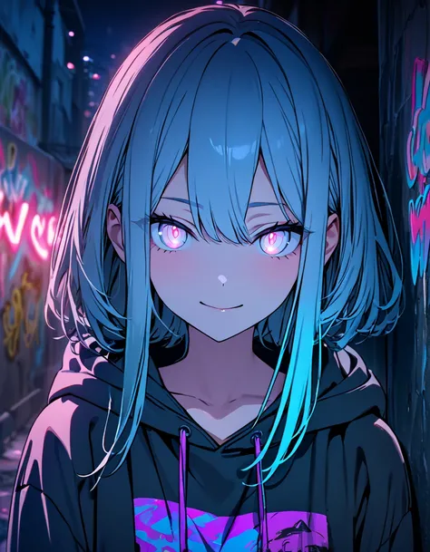 masterpiece,  best quality, 8k, detailed background, masterpiece,  best quality, smile,  ornament,  hoodies , Portraiture,  neon blue, graffiti, dark, night, Shining Eyes,  black light,Yozaki Kanade