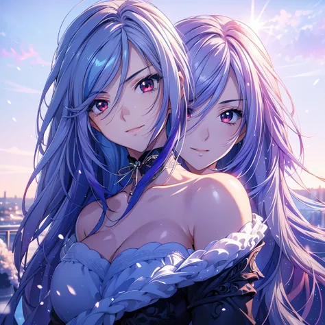 (  Masterpiece ,  best quality, beautiful、And aesthetic :1.3),  1 girl, Alone,  smiles lightly,  ( purple stripes on silver blue hair :1.4), ( gradient sky blue hair :1.6), hair,  unnaturally long hair ,  Single Sided Lock ,  wavy hair,  shiny hair, Floati...