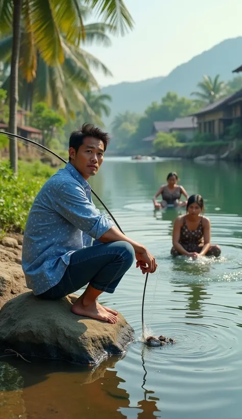 1 handsome Thai man, wearing a blue shirt with white spots, the pocket on the left side with the top button open, jeans, fishing, looking to camera, squatting on a large rock near the river. In front of him, 2 Thai women wearing brown patterned cloth are f...