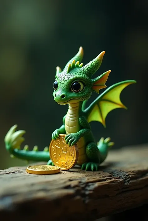 A tiny green dragon, only 2 cm tall,  guarding a single golden coin as if it were a great treasure.