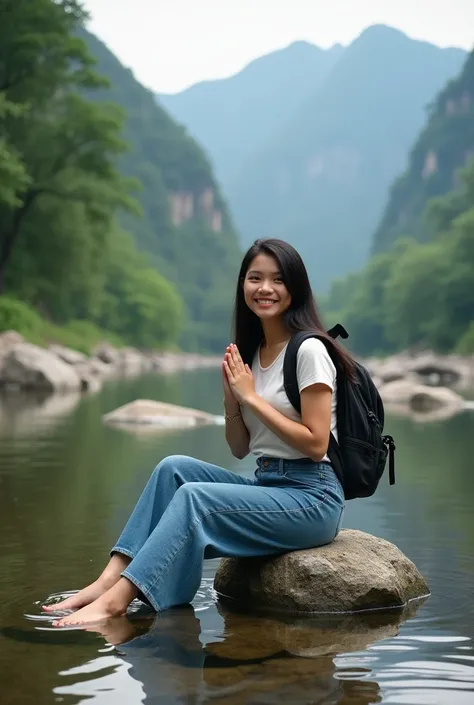 Beautiful Indonesian woman of seventeen years old wears t-shirt and backpack long jeans mountain spatu,sitting on a river rock with smiling hands forming love scenery river valley forest big rocks river,  realistic picture full hd high quality 5D 65k clear...