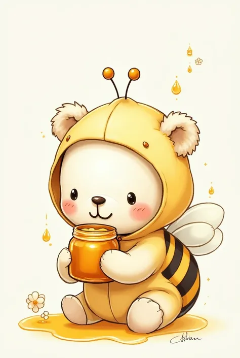 cute pencil drawing of a bear in a bee costume eating a jar of honey
