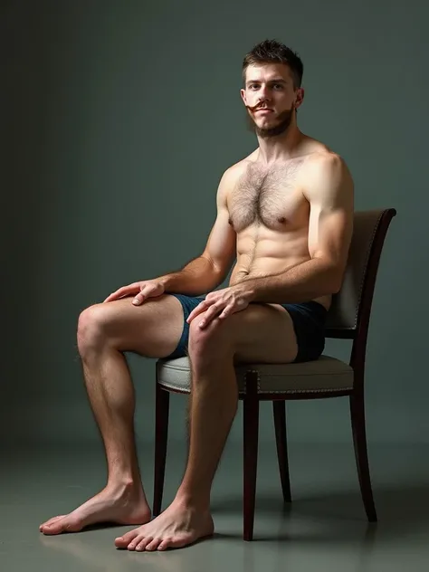 hyper-realistic 4K photo of a tall male swimmer has "big feet", short hair, pale skinned, dorky white guy, dark body hair, who has huge over-sized hairy feet. sitting in a chair, side view, facing the camera.