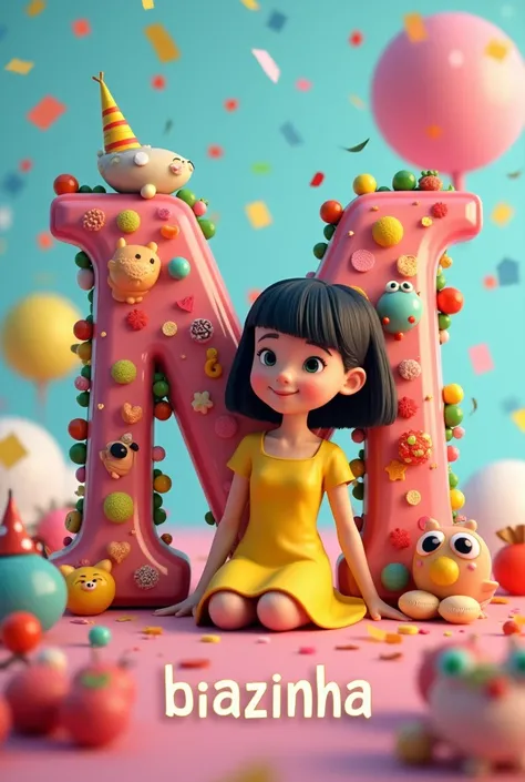 } create A cinematic 3D illustration of a happy young brunette with short shiny black hair.  Shes wearing a yellow dress and sitting next to a big ,  letter M in the style ren ,  adorned with vibrant , sweets coloridos diferentes, sweets, and treat .  Ther...