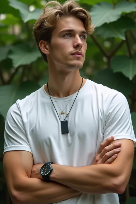 A boy aged around 25 years has light brown hair wearing a white color t-shirt and a black color watch with an A name locket around his neck Background is full green