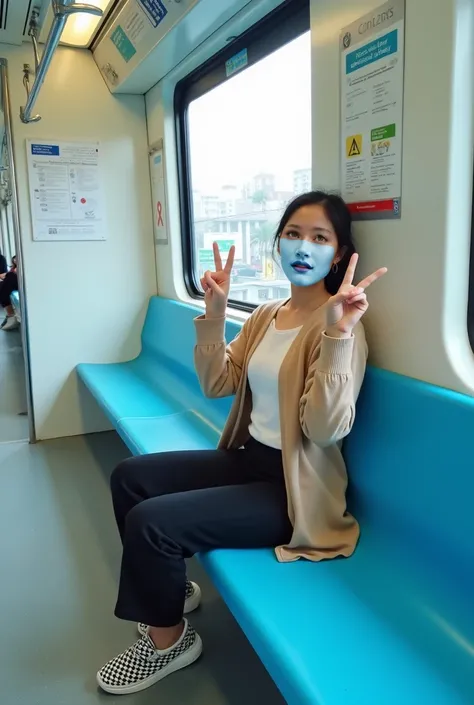 the setting is in the MRT Train Jakarta. A 24 years old young woman is seated on a bright blue bench, marked with an "X" indicating social distancing protocols. She is wearing a beige cardigan over a white top, paired with black pants that are rolled up at...