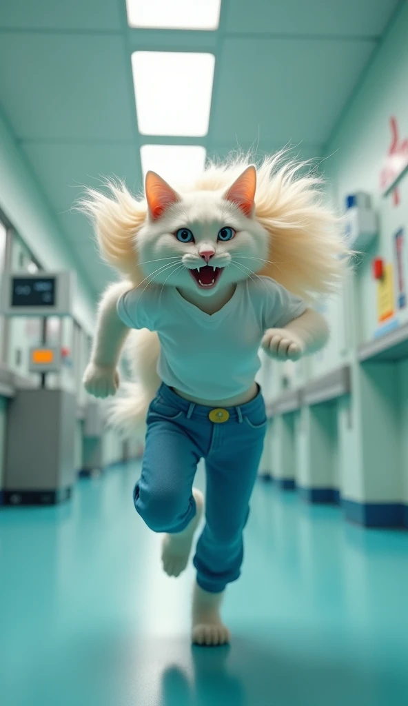 In cinematic 3D style, HD image, realistic image, colourful image.
Character,lina big white cat she is wearing a white top and blue jeans and has long blonde hair and blue eyes.
Action,lina big white cat running very fast in a hospital, its mouth is open a...