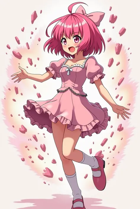 A pink haired anime girl getting explode into pieces in sweetheart neckline light pink latex puffy minidress with light pink puffy ruffles sleeves and light pink latex pleated skirt. She also wearing a light pink latex mary jane shoes