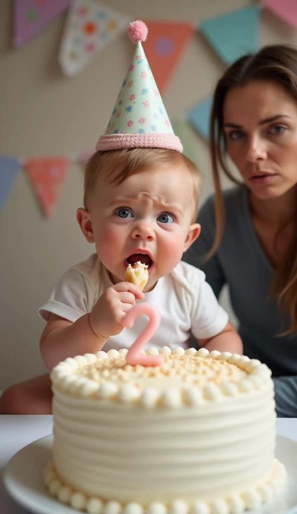 A baby is sitting in front of a table with a birthday cake. The cake decoration has a candle with the number 2. The baby is wearing a little birthday hat. The baby is very sad. He eats a piece of cake with his hand. The scene in the background is decorated...