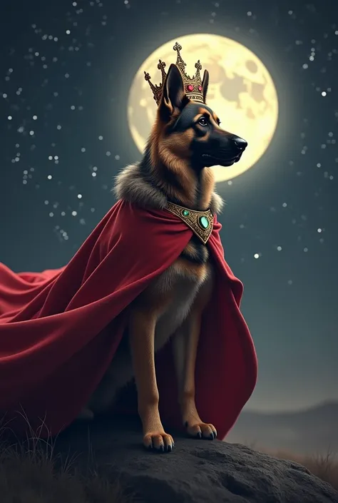  A German Shepherd with a crown,  a large red cape , Moonlight with stars .