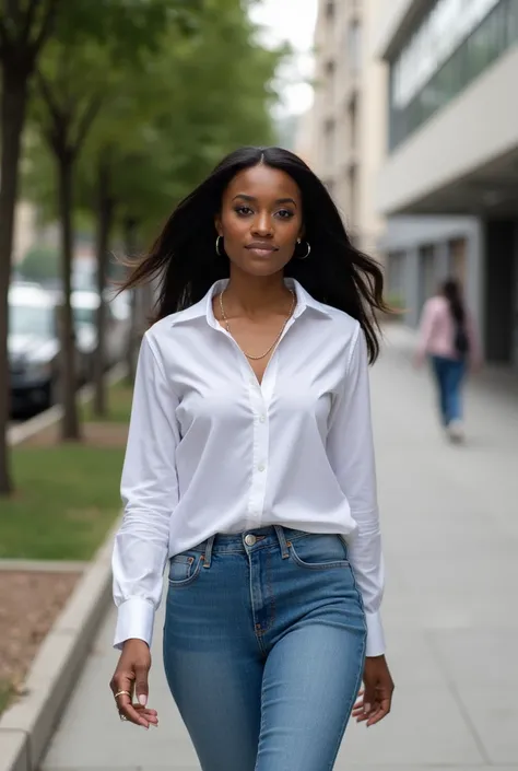 A beautiful Nigerian lady putting on jeans and shirt walking a tarred road city road