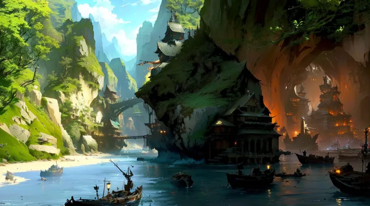 there are many boats that are floating in the water, painterly concept art, beautiful concept art, stunning! concept art, beautiful detailed concept art, high quality digital concept art, scenery game concept art, stunning concept art, digital painting con...