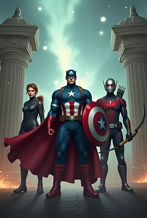 A fan-made Marvel scene featuring Captain America, Hawkeye, and Ant-Man in their classic looks. Captain America is in his iconic suit holding his shield, Hawkeye is geared up with his bow and quiver, and Ant-Man is in his suit, ready for action. They are s...