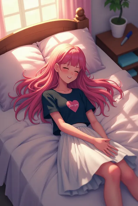 A girl with pink long hair in a black t-shirt with a heart and a skirt is lying in bed