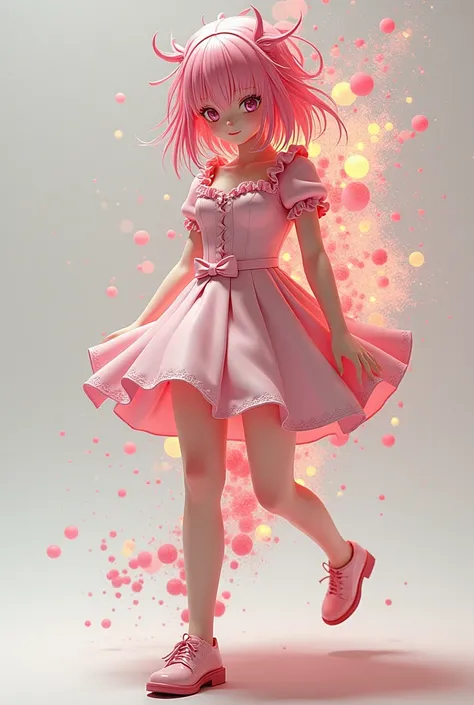 A pink haired anime girl getting explode into pieces and her body torn apart in sweetheart neckline light pink latex puffy minidress with light pink puffy ruffles sleeves and light pink latex pleated skirt. She also wearing a light pink latex mary jane sho...