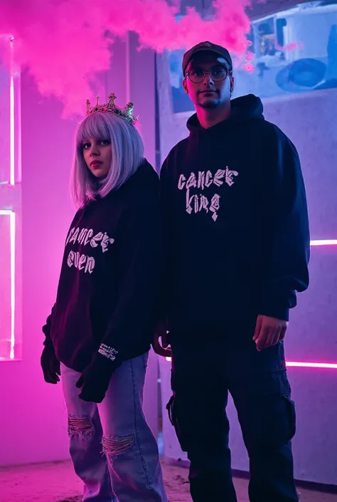 A man wears a hoodie with the letters "CANCER KING" written on it, and A silver-haired girl wearing a hoodie with the letters "CANCER QUEEN" written on it, wearing cargo pants, wearing crown, cyberpunk style, neon smoke background 