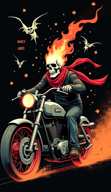 photo of a skull head rider, riding a motorbike, with a red scarf around his neck, flames appearing on his face, inspired by Heinrich Clay, the art of Tsutomu Nihei, Box n Lin, in front of him there is the writing "MAY HRD" floating in the air. Flying Ghos...