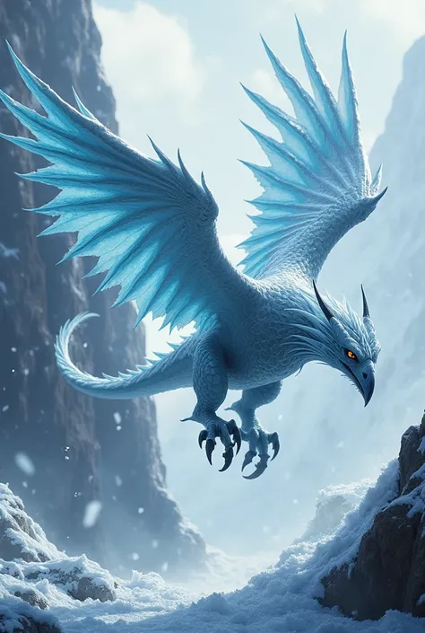 Create a majestic hybrid creature with the body of an ice dragon and the keen eyes of a hawk. The ice dragons frosty scales and the hawks sharp talons make a powerful combination. The environment should be a snowy cliffside with gusting winds, emitting ice...