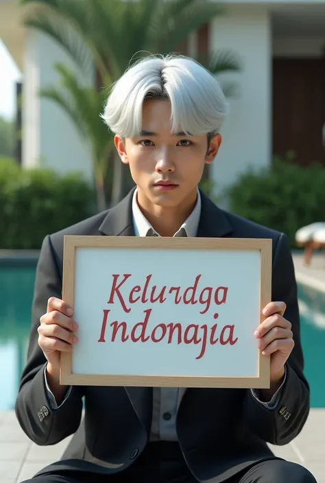 20 year old Korean handsome guy with straight white hair ,  is sitting facing the camera against the background of the terrace of a luxury house holding a signboard with Indonesian writing ""NOT ENOUGH POINT " sad expression .