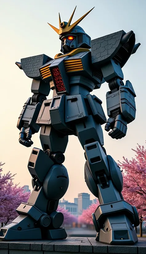 A powerful and heavily armed robot entirely transformed from Osaka Castle, where every component of the castle contributes to its structure. The iconic main keep (tenshukaku) forms the robot’s head, complete with golden shachihoko ornaments integrated as d...