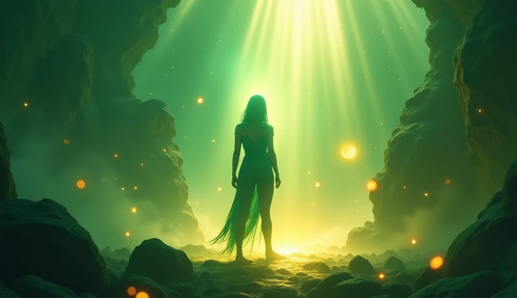 A human silhouette envisioned in a Prismatic Lens Flare Fantasy, where vibrant light effects and radiant bursts create a magical atmosphere. Use a color palette dominated by iridescent green and yellow to enhance the enchanting scene