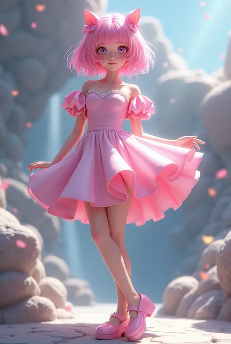 A pink haired anime girl turned into stone in sweetheart neckline light pink latex puffy minidress with light pink puffy ruffles sleeves and light pink latex pleated skirt. She also wearing a light pink latex mary jane shoes