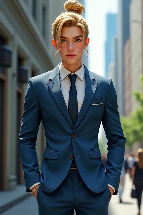 A  teenager with dark blond hair a man bun a anchor beard in light brown, wearing a blue suit with stripes having blue/green eyes . Lightening tall and having muscles 