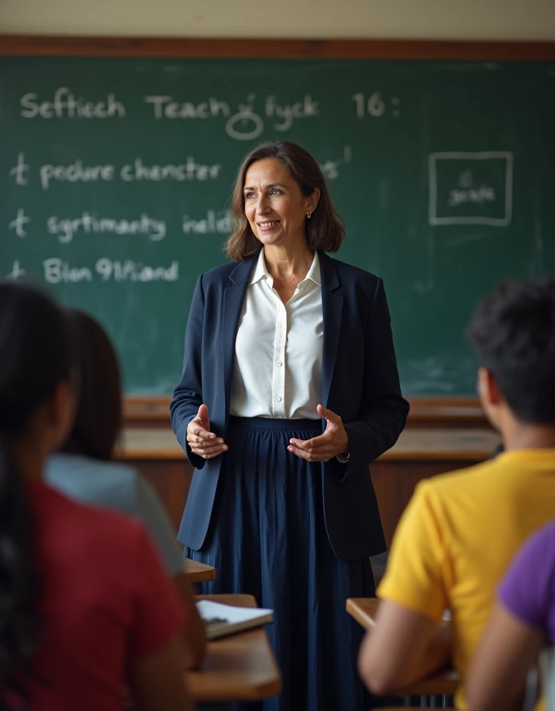  Indo-European peoples , local Indian woman philosopher,  Front view, teaching the present day Delhi University, white shirts, dark blue jacket, skirt , many Indian university students teaching English, teaching desk and book ,background black board in Eng...