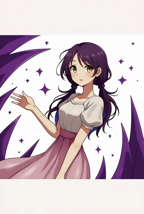 She appears no older than a girl in high school, with fair skin, eyes the color of gold and emerald, and long, glossy dark purple hair tied into twin-tails reaching her waist