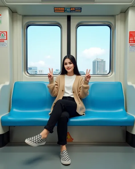 the setting is in the MRT Train Jakarta. A 24 years old young woman is seated on a bright blue bench, marked with an "X" indicating social distancing protocols. She is wearing a beige cardigan over a white top, paired with black pants that are rolled up at...