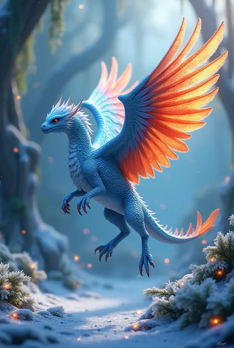 Create a vibrant hybrid creature with the body of an ice dragon and the feathers of a parrot. The ice dragons frosty scales and the parrots colorful plumage create a visually stunning combination. The environment should be an icy rainforest with glistening...