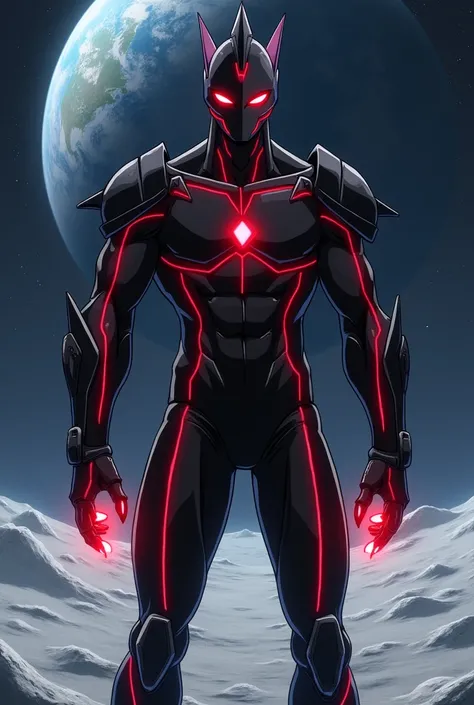 Japanese anime official art style. A male character inspired by a massive black missile, designed as an evil and imposing figure. His body is clad in a sleek, black suit with glowing red lines across his chest, arms, and legs, emphasizing sharp, functional...