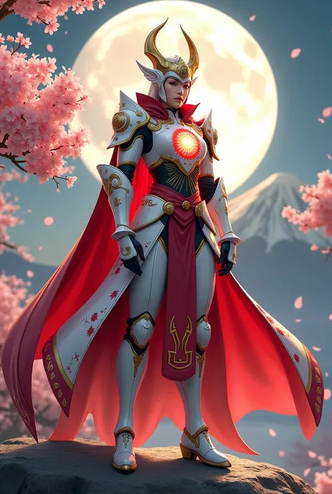 Jepang (Libra of the Cosmos)
Armor Design:
The armor is a blend of white and crimson, inspired by the Japanese flag, with cherry blossom motifs symbolizing harmony. The chest reactor is a radiant rising sun surrounded by spinning sakura petals. The cape is...