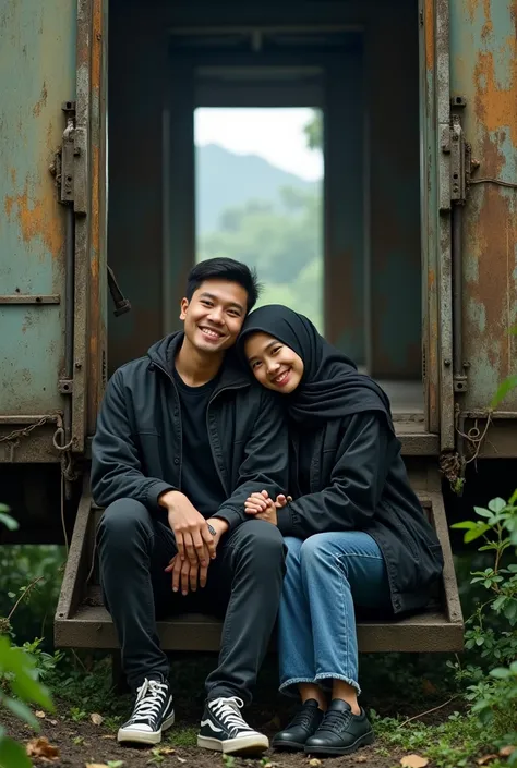 realistic picture of a indonesian man age 25 years,short hair,smile pose,black jacket,sneakers,sitting at the door of a stopped train carriage, beside him theres a indonesian woman age 23 years old,The womans hand wraps around the mans shoulders,smile pose...