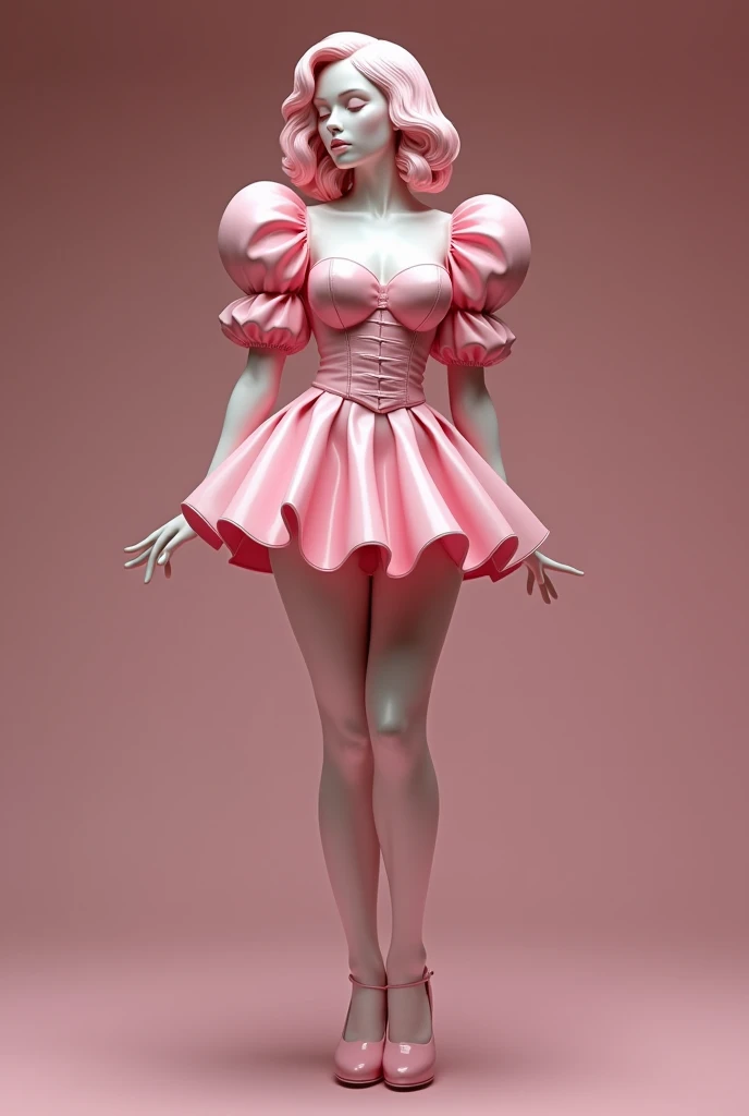 A statue in sweetheart neckline light pink latex puffy minidress with light pink puffy ruffles sleeves and light pink latex pleated skirt. She also wearing a light pink latex mary jane shoes