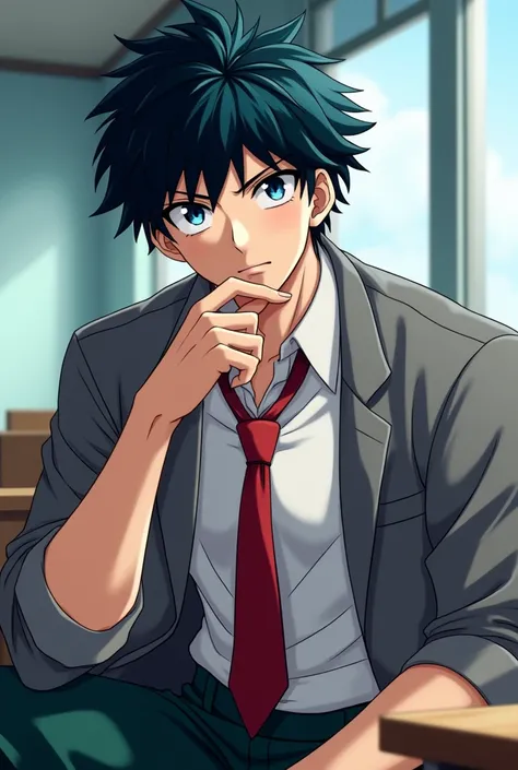 Seventeen-year-old anime boy, black hair with blue tips, gray eyes, marked and muscular physique, wearing a UA school uniform, a gray jacket with a white t-shirt underneath, a red tie, dark green pants with his hand on his chin, designed for an anime-style...