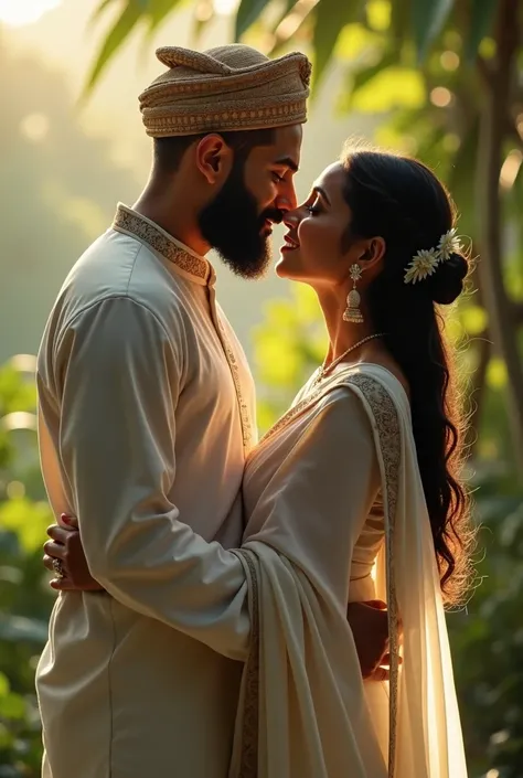 A kerala beautiful hindu ladie wearing white kerala saree lip lock with a tall tradirional muslim men with hat and beard