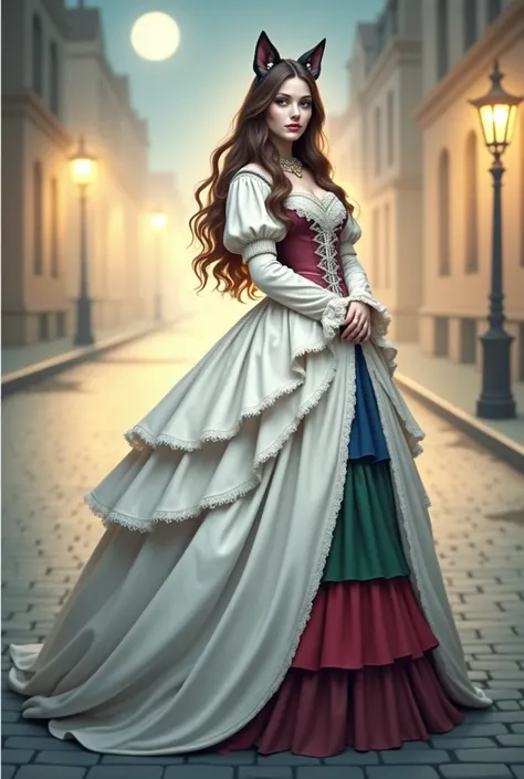 1woman, maid, wolf ears, brown hair, gold eyes, standing on ground, high res, ultra sharp, 8K, masterpiece dress long Noble ladies fashion full body in Victorian Era dress red, blue, green a conservative full body pose of a 1910 woman wearing a small hat a...