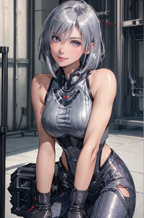 (8k, photorealistic,  RAW photos ,  best quality: 1.4), ( 1 girl), Super beautiful, ( realistic face), ( boyish,  silver-colored berry shorthair),  Beautiful Cyberpunk Suit ,  gaze that tempts viewers,  beautiful expression ,  Beautiful breasts, (  real sk...