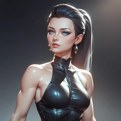 female sleeveless black leather catsuit, bare shoulders, racerback, bare toned arms, beautiful faces, black ponytail with showing forehead, long ponytail, black earrings, soft smooth skin, pale skin, black background, blue eyes, sci-fi