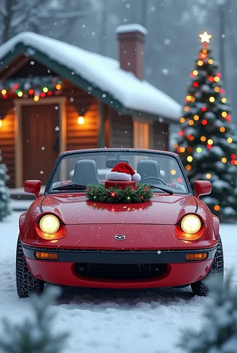 Christmas-themed Mazda Miata mx5 NA with pop up headlights! Imagine a bright red Mazda Miata with pop up headlights adorned with festive decorations. The cars exterior could have a shiny, green wreath on the front grille, and colorful Christmas lights wrap...