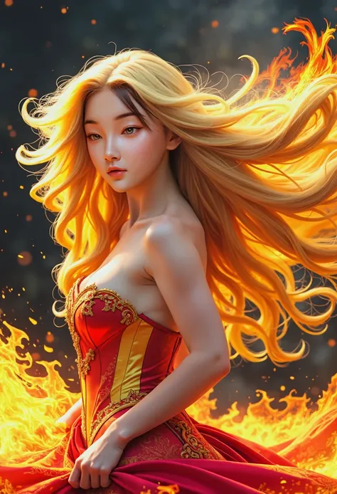 blonde with long hair in a princess outfit full-length engulfed in fire