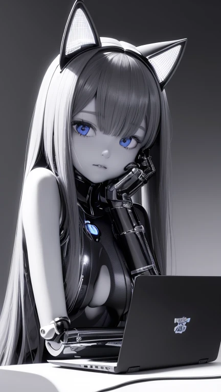 A robot girl sitting in front of a laptop and resting her chin on her hands. The laptop is in the middle of the imagine. The girl has mechanical cat ears. There is love in her eys. The image is in black and white color. The image is in Fantasty 3D style im...