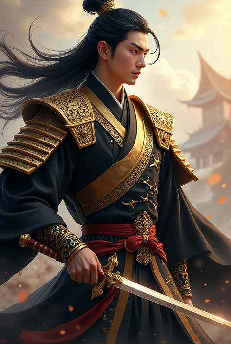 ((best quality)), ((masterpiece)), (detailed), perfect face Photo realistic image of a 25 years old young man black and gold hanfu. Wearing a golden Dragon armour, Proud, regal personality, Attractive, long black hair. Romantic character. Looks like genera...