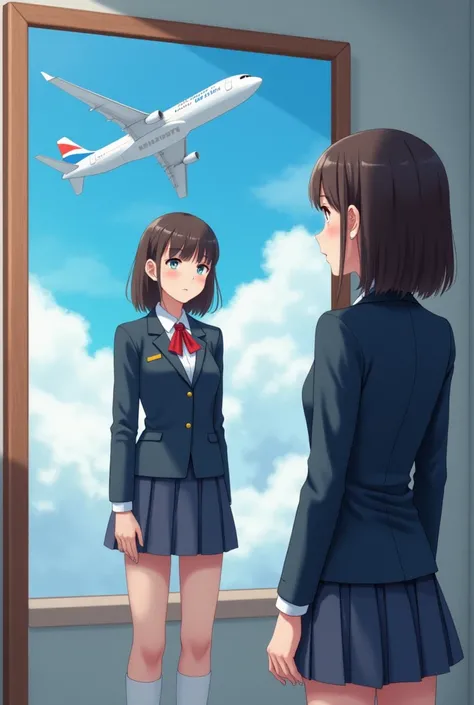 Draw a student in her student uniform standing in the mirror of her room, looking at her reflection in the mirror, where shes already a flight attendant and wearing a uniform. Also draw a plane in the window of her room