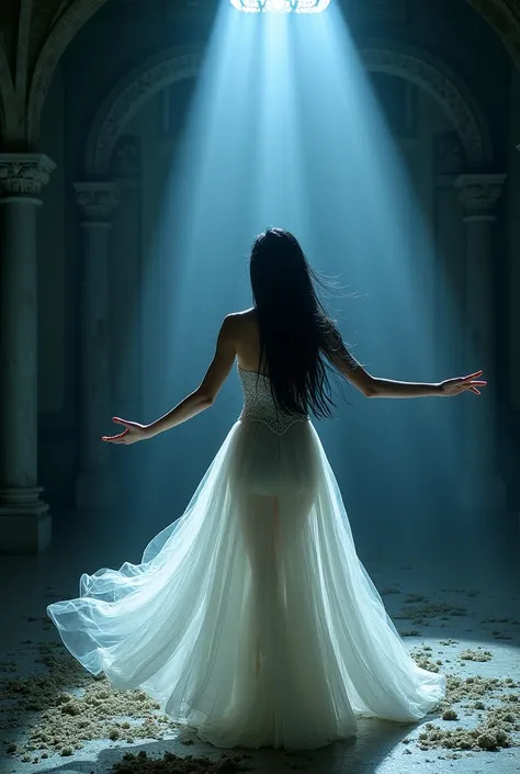 In an abandoned castle illuminated by moonlight, a dancer performs in the center of the room. She wears a shimmering white dance costume that sparkles with starlight, her long black hair flowing in the breeze. Her face is beautiful and mysterious, surround...