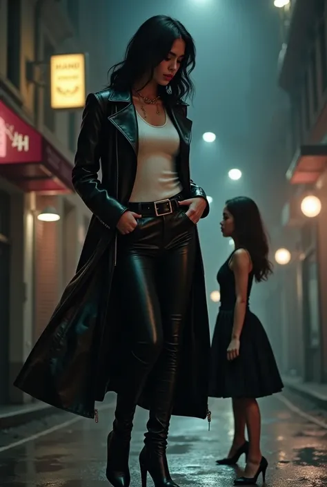 Tall latina  mob boss,age 35,clothing leather coat  , white ribbed knit U-neck tank top tucked in skintight black pants and black buckle belt ,black long tight boots,scare away petite femenine asian girl age 19,clothing black dress high heels