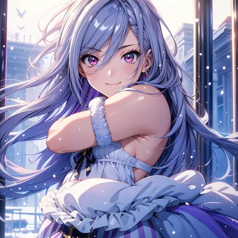 (  Masterpiece ,  best quality, beautiful、And aesthetic :1.3),  1 girl, Alone, 軽いsmile,  ( purple stripes on silver blue hair :1.4),   long hair,  wavy hair,  shiny black hair, Floating Hair, ( bright red eyes),  delicate eyes , Aqua Eyes,  ultra-detailed ...